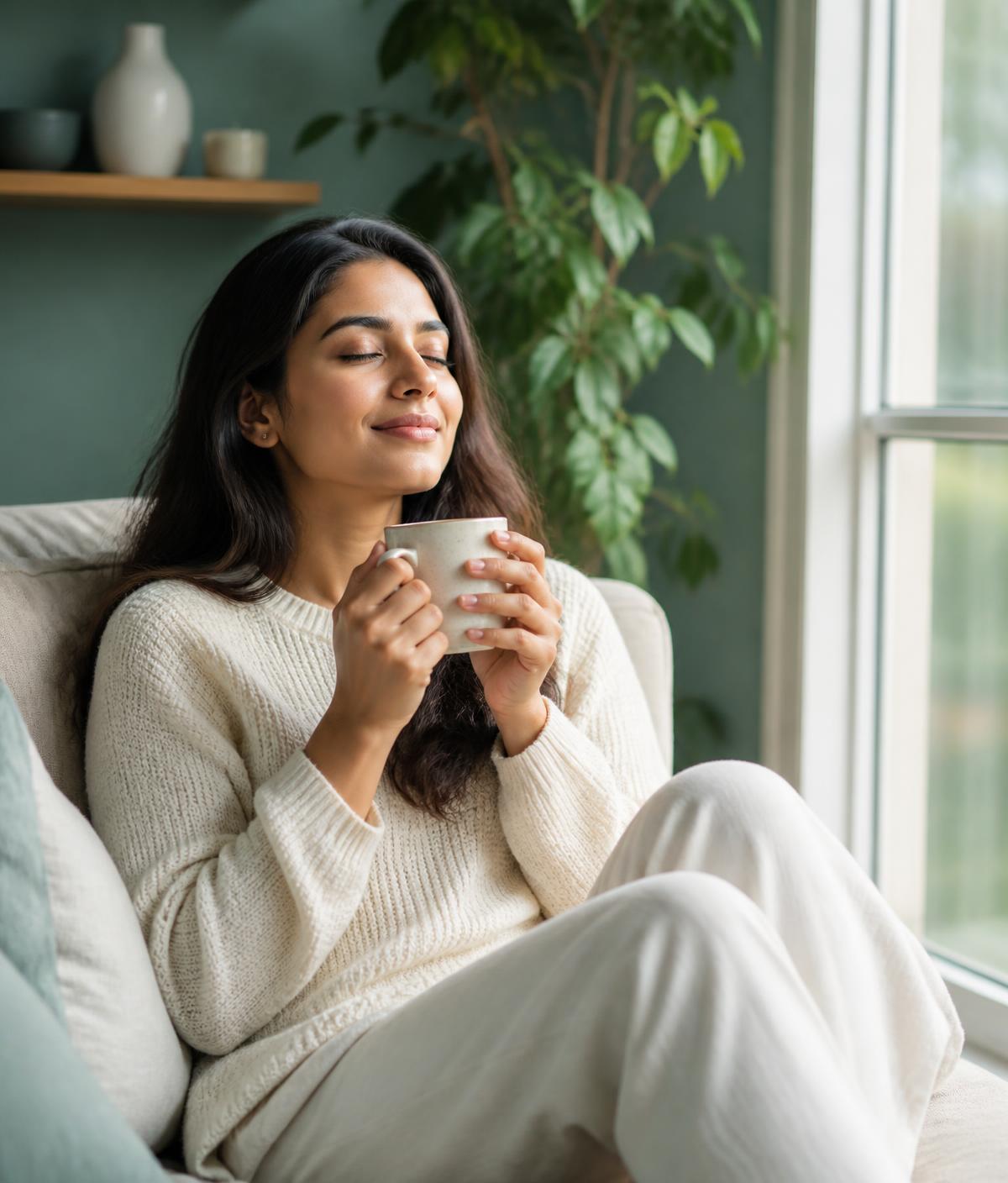 A woman relaxing calmly with a warm drink in a peaceful, light-filled room